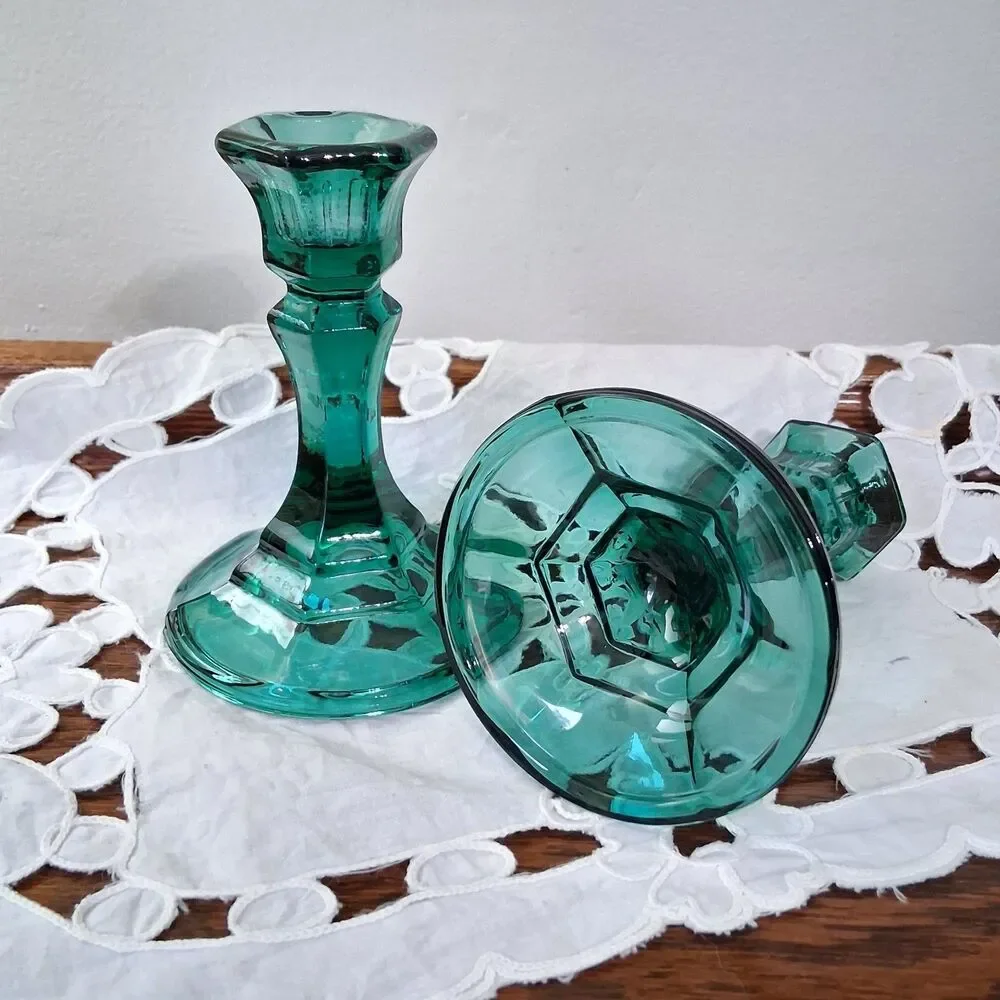 Vintage Pair Of Emerald Green Glass Candle Stick Holder 4.5